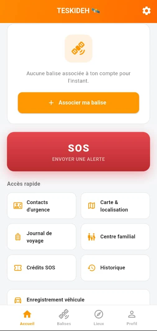 Écran d'accueil de l'application avec le bouton SOS et les accès rapides.