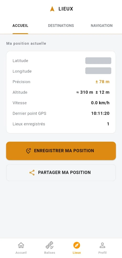 Écran de position de l'application, avec latitude, longitude et précision.