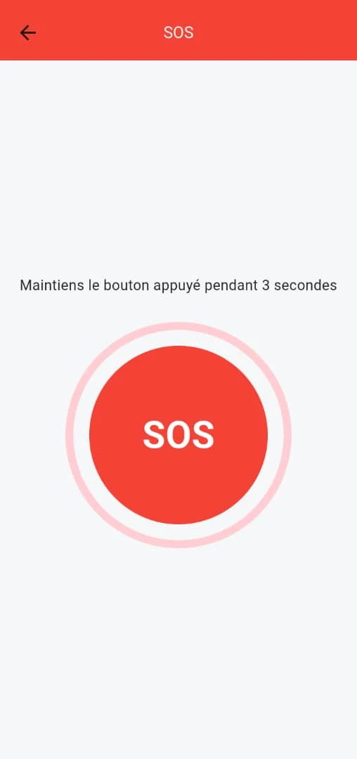 Écran de déclenchement SOS de l'application.