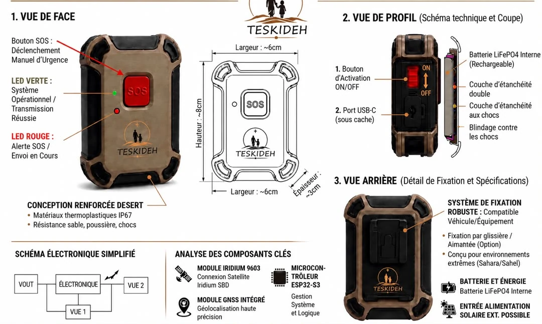 Rendu de conception de la balise en trois vues : de face avec le bouton SOS et deux témoins lumineux, de profil avec l'interrupteur et le port USB-C sous cache, et de dos avec le système de fixation. Le dessin indique un boîtier d'environ huit centimètres de haut, six de large et trois d'épaisseur.